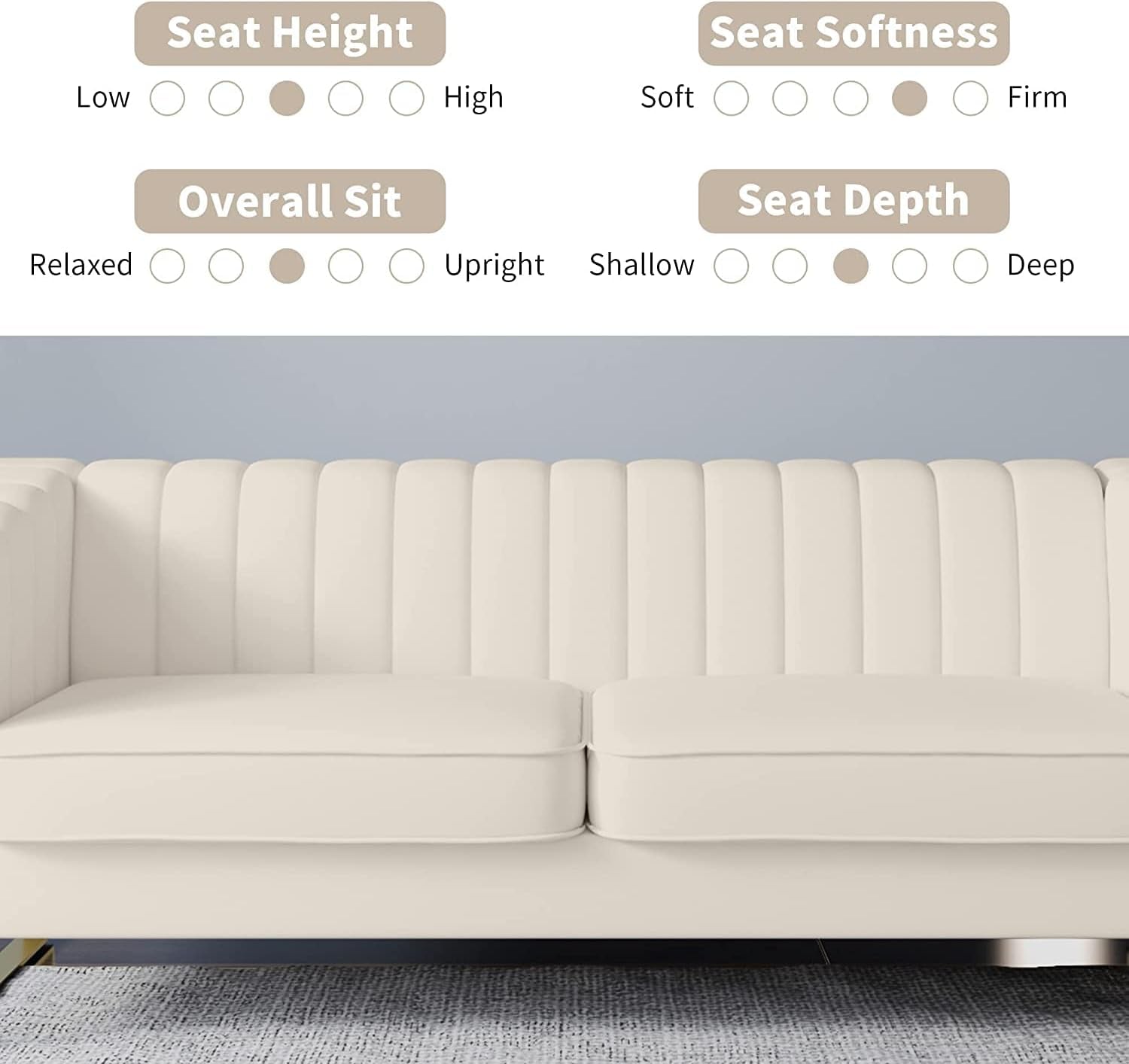 Velvet Sofa Couch, 83" W Chesterfield Sectional Sofa, Modern 3-Seat Sofa with Metal Legs for Living Room, Bedroom, Apartment Feather Filled Wide Reversible Sofa Couch(Beige)