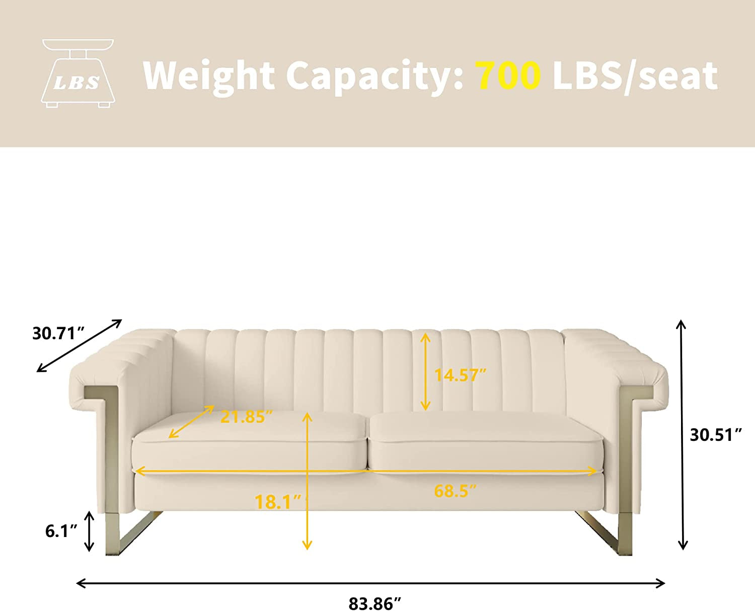 Velvet Sofa Couch, 83" W Chesterfield Sectional Sofa, Modern 3-Seat Sofa with Metal Legs for Living Room, Bedroom, Apartment Feather Filled Wide Reversible Sofa Couch(Beige)