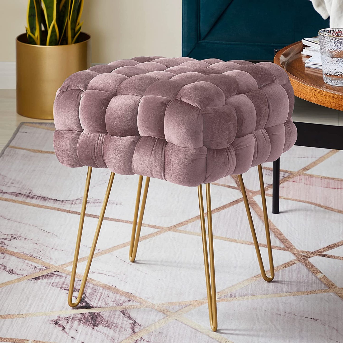 Modern Velvet Vanity Stool Square Ottoman Foot Rest Stool/Seat with Gold Metal Legs - Blush