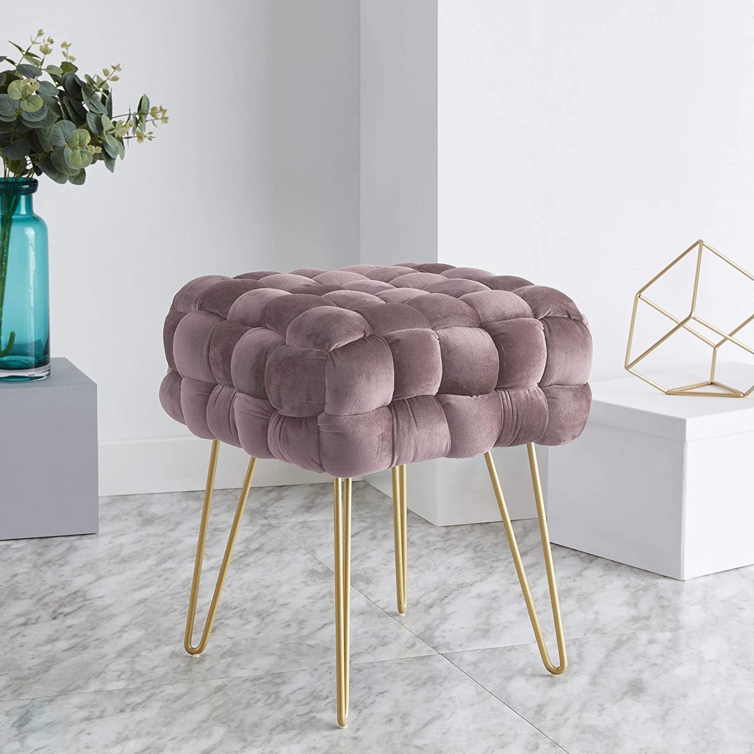 Modern Velvet Vanity Stool Square Ottoman Foot Rest Stool/Seat with Gold Metal Legs - Blush