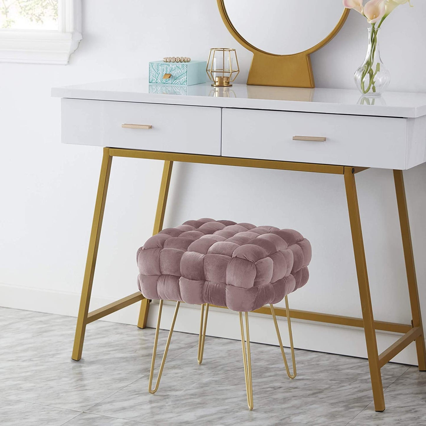 Modern Velvet Vanity Stool Square Ottoman Foot Rest Stool/Seat with Gold Metal Legs - Blush